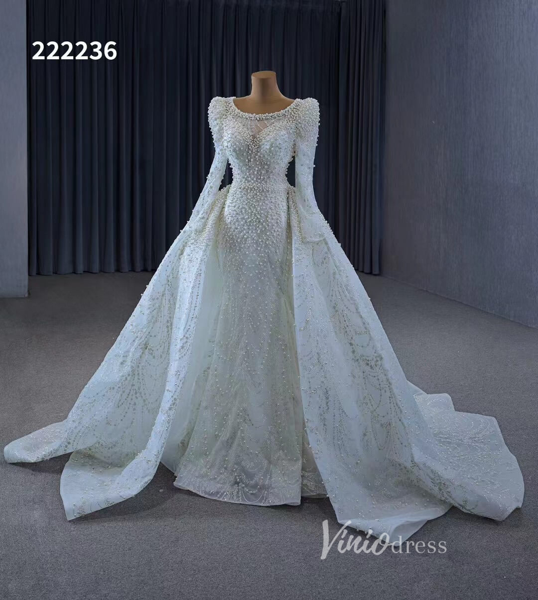 Long Sleeve Pearl Mermaid Wedding Dresses with Overskirt Train 222236-wedding dresses 2025 -Viniodress-Ivory-Custom Size-