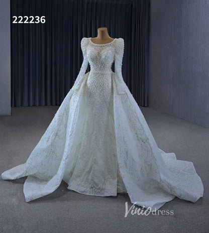 Long Sleeve Pearl Mermaid Wedding Dresses with Overskirt Train 222236-wedding dresses 2025 -Viniodress-Ivory-Custom Size-