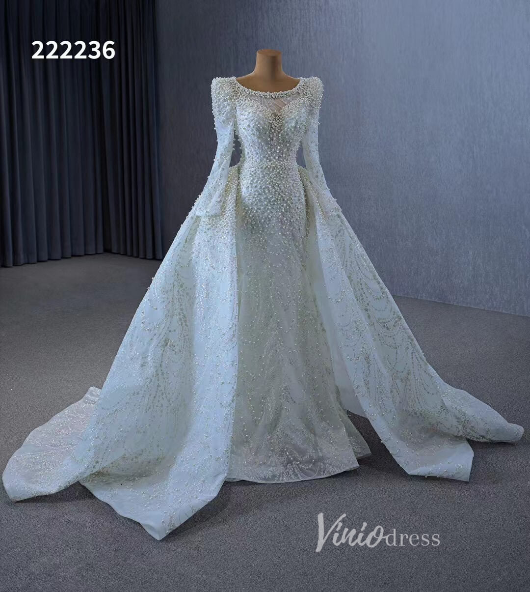 Long Sleeve Pearl Mermaid Wedding Dresses with Overskirt Train 222236-wedding dresses 2025 -Viniodress-Ivory-Custom Size-