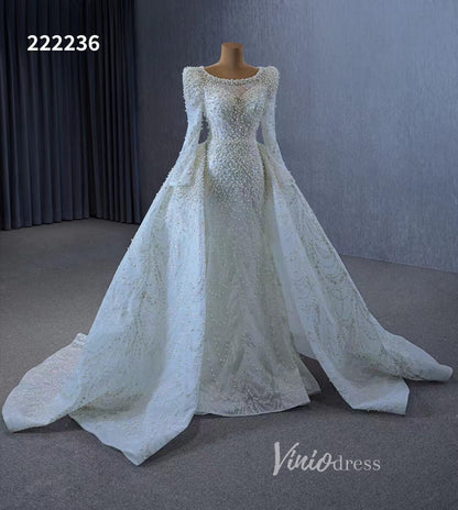 Long Sleeve Pearl Mermaid Wedding Dresses with Overskirt Train 222236-wedding dresses 2025 -Viniodress-Ivory-Custom Size-