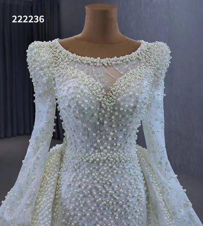 Long Sleeve Pearl Mermaid Wedding Dresses with Overskirt Train 222236-wedding dresses 2025 -Viniodress-Ivory-Custom Size-