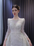 Long Sleeve Pearl Mermaid Wedding Dresses with Overskirt Train 222236-wedding dresses-Viniodress-Viniodress