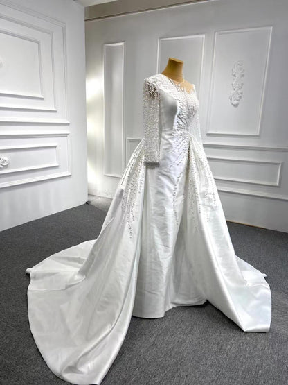 Long Sleeve Pearl Satin Sheath Wedding Dress with Overskirt 67215B-wedding dresses 2025 -Viniodress-Ivory-Custom Size-