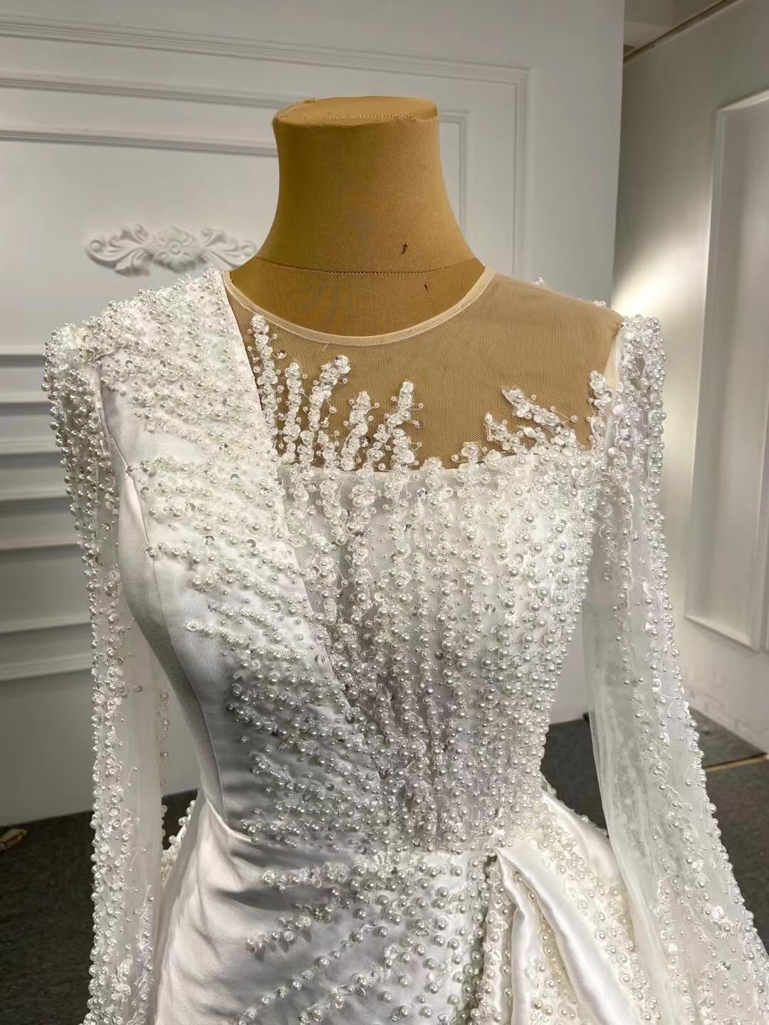 Long Sleeve Pearl Satin Sheath Wedding Dress with Overskirt 67215B-wedding dresses 2025 -Viniodress-Ivory-Custom Size-