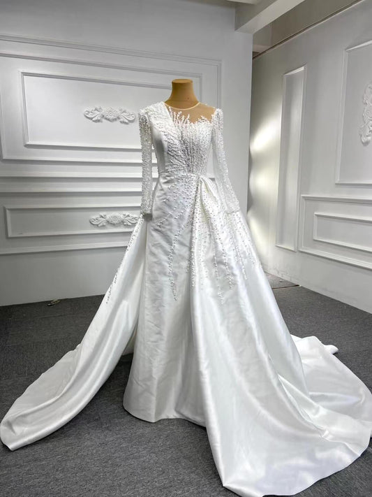 Long Sleeve Pearl Satin Sheath Wedding Dress with Overskirt 67215B-wedding dresses 2025 -Viniodress-Ivory-Custom Size-