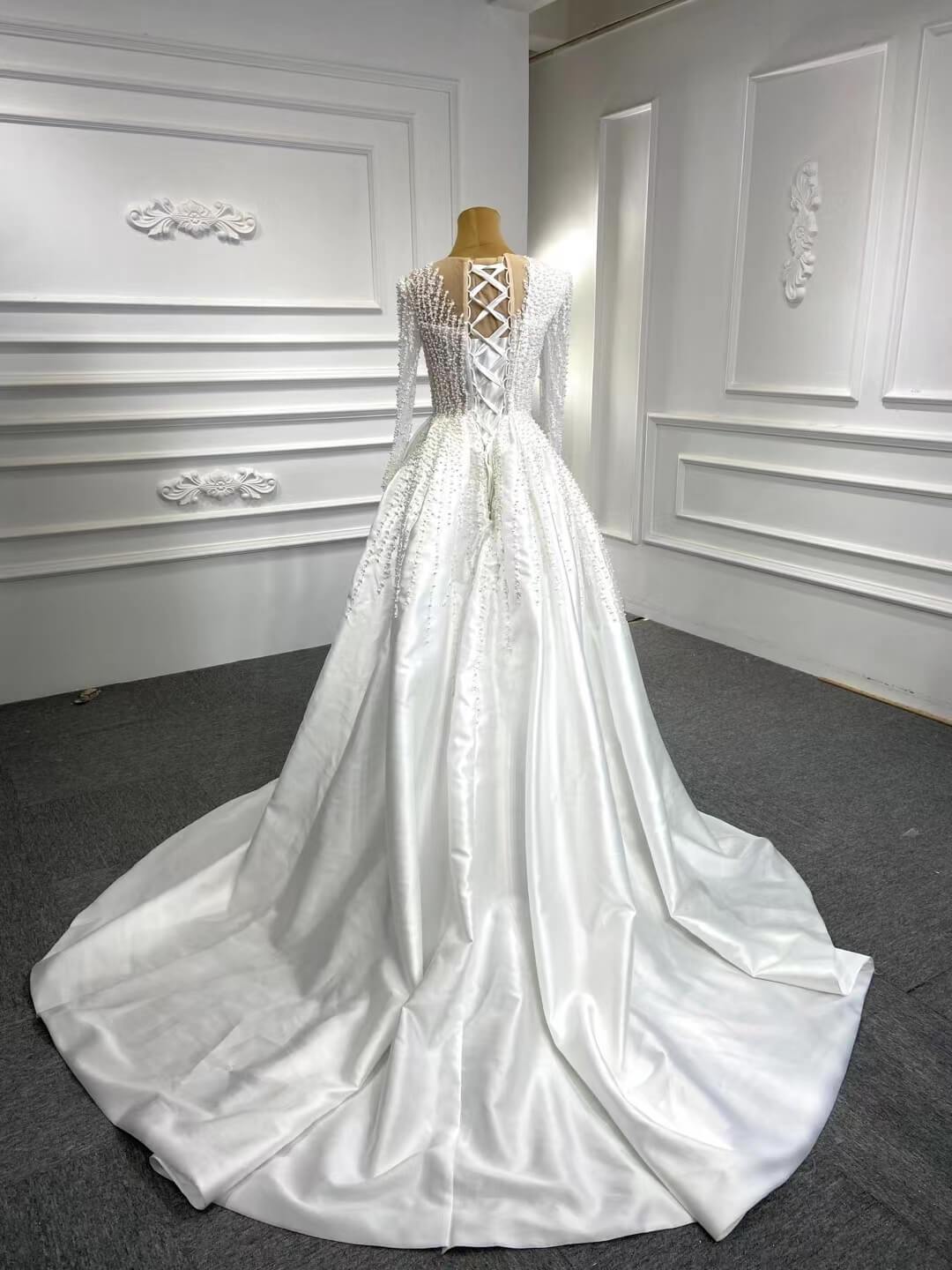 Long Sleeve Pearl Satin Sheath Wedding Dress with Overskirt 67215B-wedding dresses-Viniodress-Viniodress