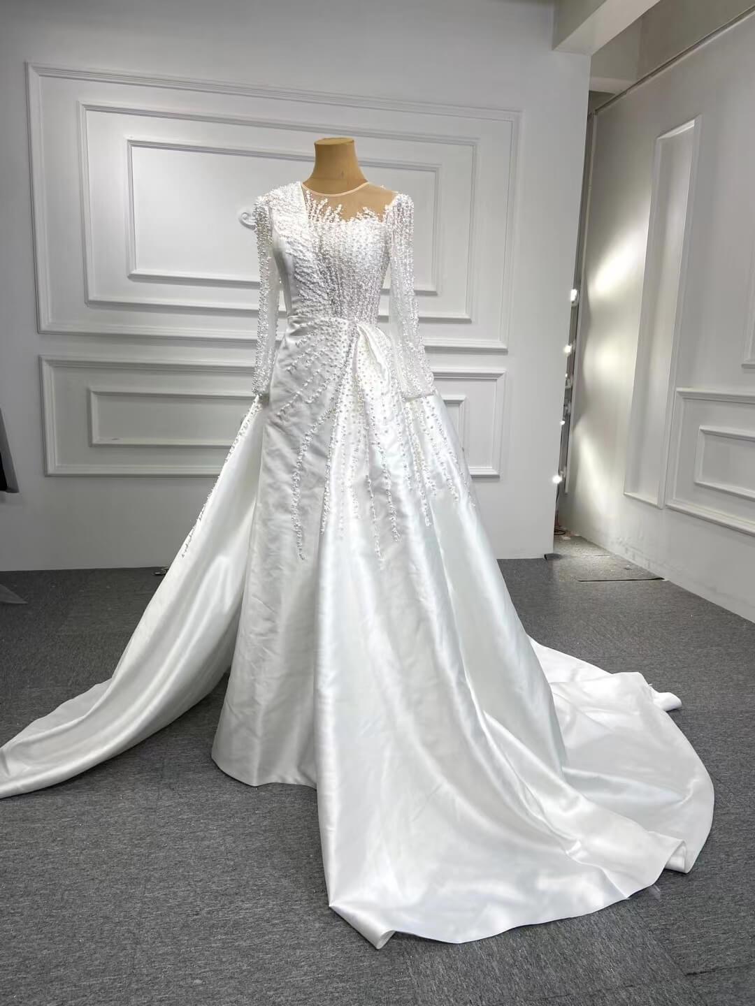 Long Sleeve Pearl Satin Sheath Wedding Dress with Overskirt 67215B-wedding dresses-Viniodress-Viniodress