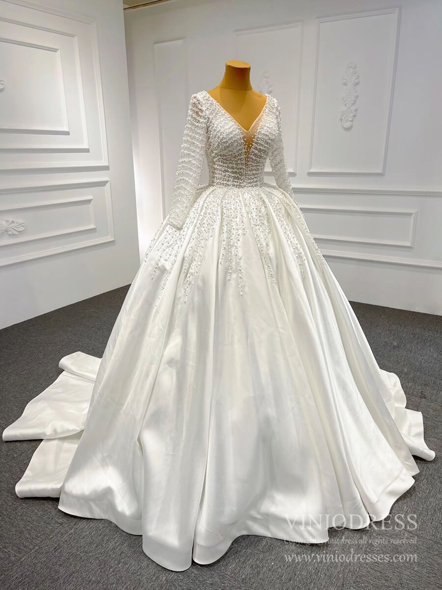 Long Sleeve Pearl Satin Wedding Gown Vintage Wedding Dresses VW1807-wedding dresses 2025 -Viniodress-Ivory-Custom Size-
