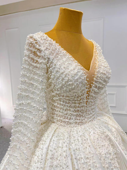 Long Sleeve Pearl Satin Wedding Gown Vintage Wedding Dresses VW1807-wedding dresses 2025 -Viniodress-Ivory-Custom Size-