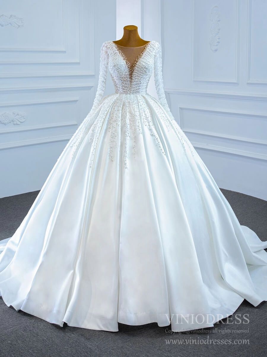 Long Sleeve Pearl Satin Wedding Gown Vintage Wedding Dresses VW1807-wedding dresses 2025 -Viniodress-Ivory-Custom Size-