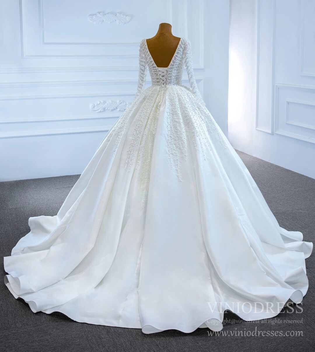 Long Sleeve Pearl Satin Wedding Gown Vintage Wedding Dresses VW1807-wedding dresses 2025 -Viniodress-Ivory-Custom Size-