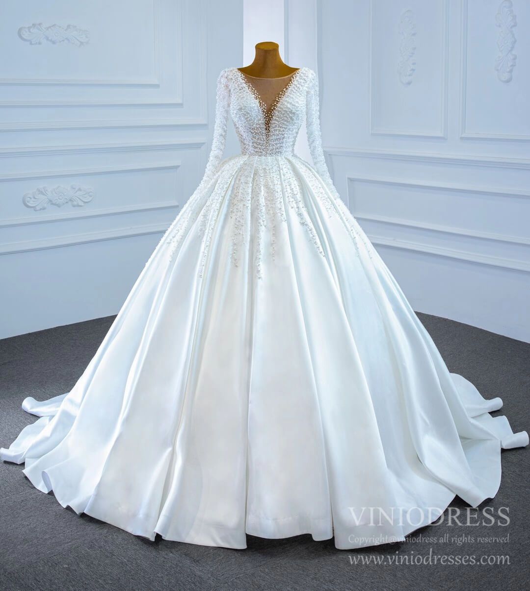 Long Sleeve Pearl Satin Wedding Gown Vintage Wedding Dresses VW1807-wedding dresses 2025 -Viniodress-Ivory-Custom Size-