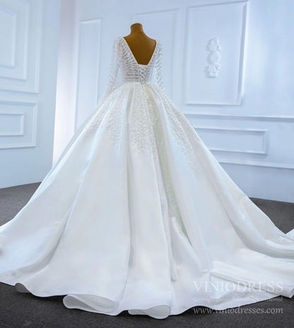 Long Sleeve Pearl Satin Wedding Gown Vintage Wedding Dresses VW1807-wedding dresses 2025 -Viniodress-Ivory-Custom Size-