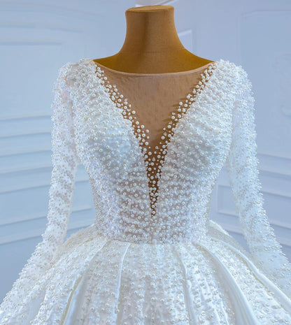 Long Sleeve Pearl Satin Wedding Gown Vintage Wedding Dresses VW1807-wedding dresses 2025 -Viniodress-Ivory-Custom Size-