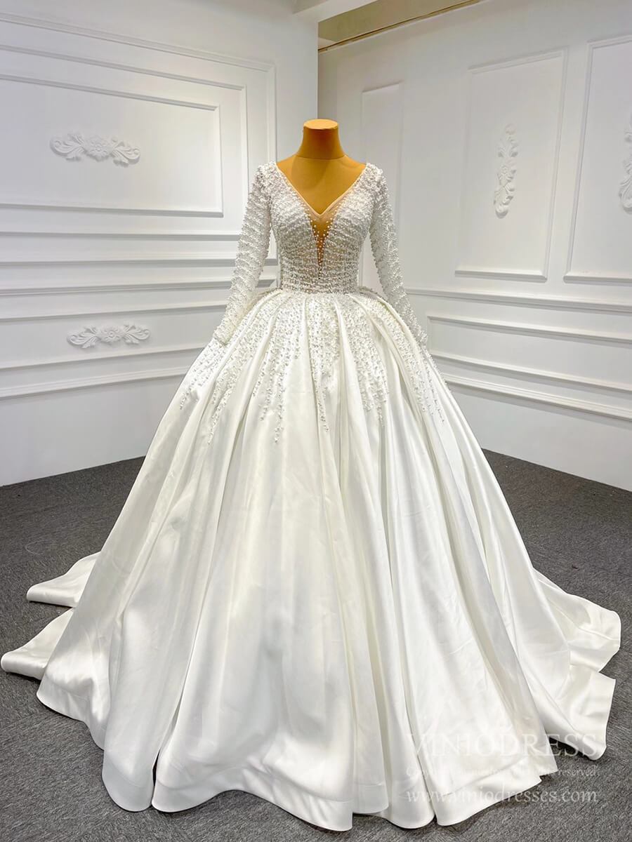 Long Sleeve Pearl Satin Wedding Gown Vintage Wedding Dresses VW1807-wedding dresses 2025 -Viniodress-Ivory-Custom Size-