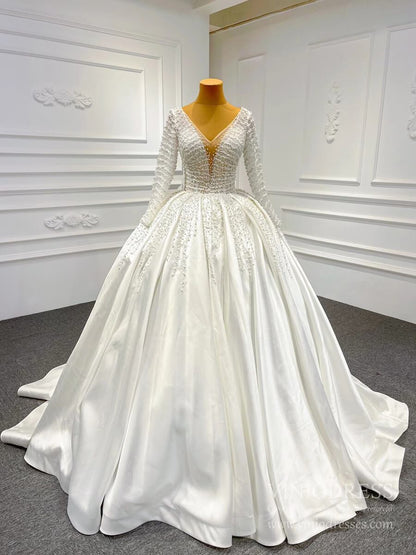 Long Sleeve Pearl Satin Wedding Gown Vintage Wedding Dresses VW1807-wedding dresses 2025 -Viniodress-Ivory-Custom Size-