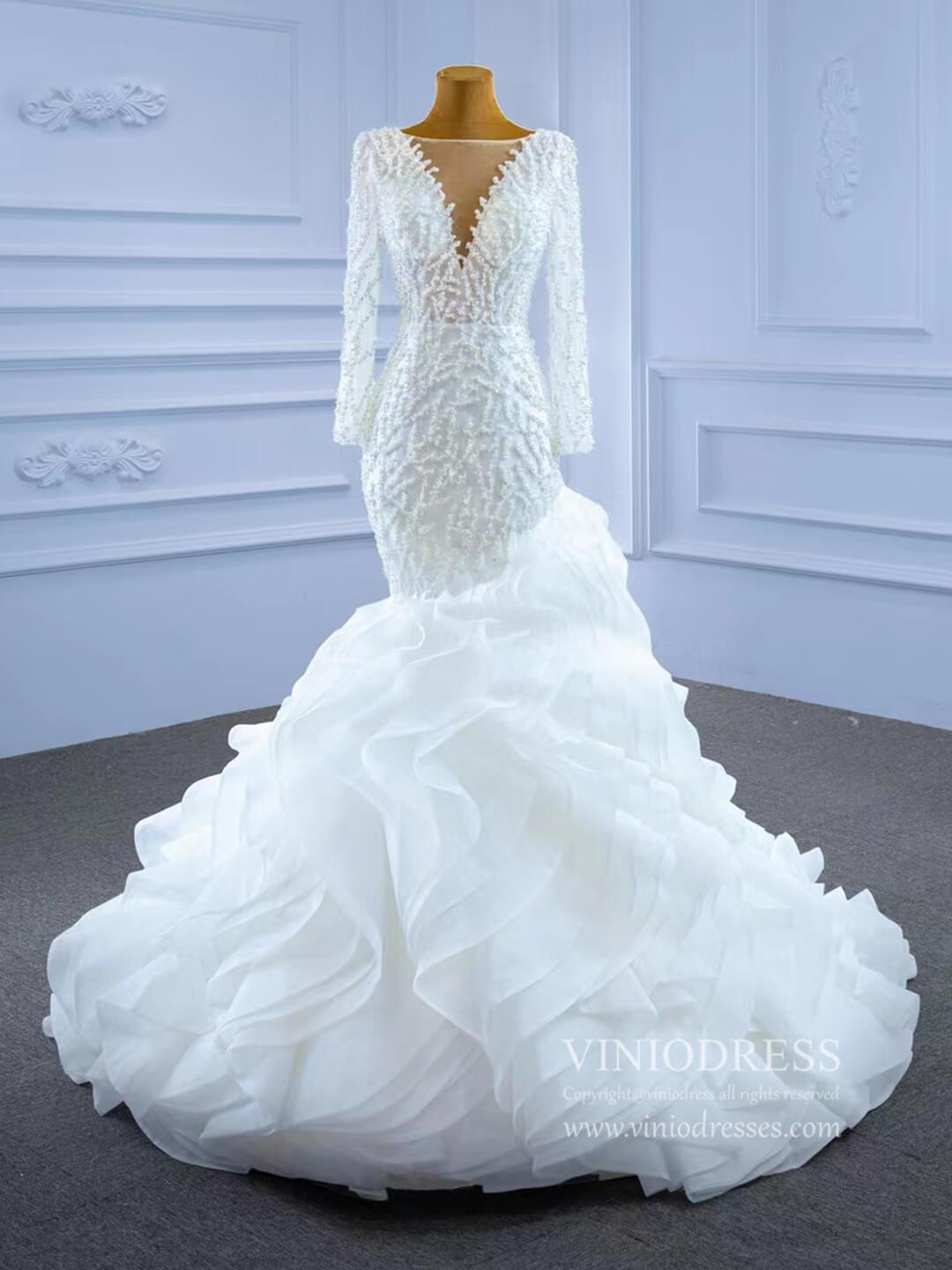 Long Sleeve Pearl Wedding Dresses Mermaid Long Sleeve Bridal Gown 67269-wedding dresses 2025 -Viniodress-As Picture-Custom Size-