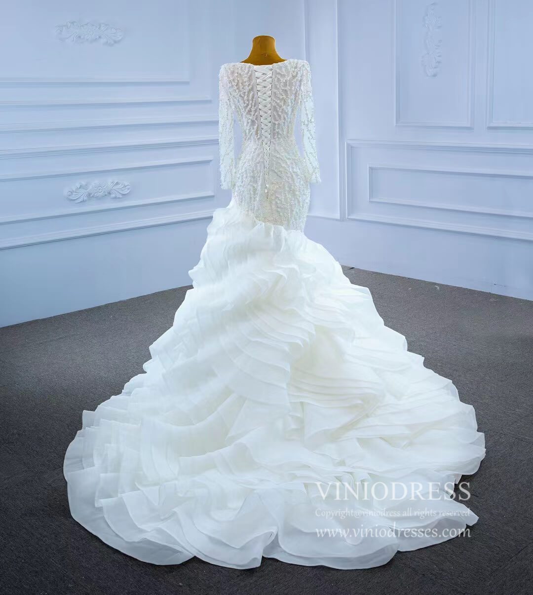 Long Sleeve Pearl Wedding Dresses Mermaid Long Sleeve Bridal Gown 67269-wedding dresses 2025 -Viniodress-As Picture-Custom Size-