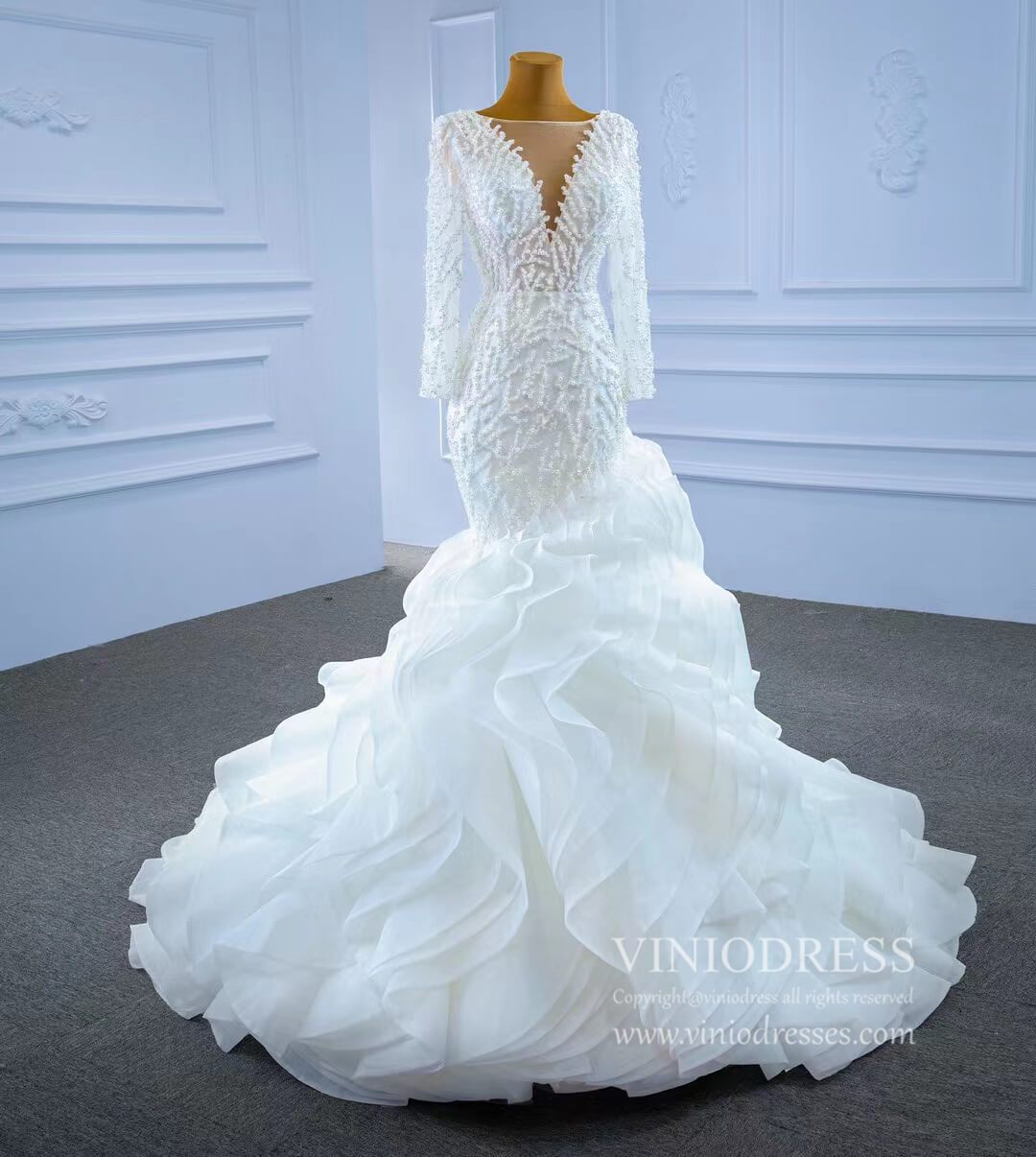 Long Sleeve Pearl Wedding Dresses Mermaid Long Sleeve Bridal Gown 67269-wedding dresses 2025 -Viniodress-As Picture-Custom Size-