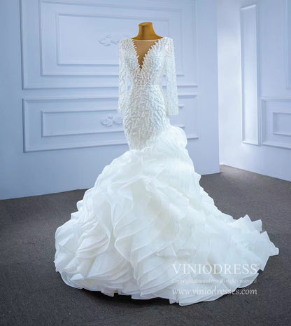 Long Sleeve Pearl Wedding Dresses Mermaid Long Sleeve Bridal Gown 67269-wedding dresses 2025 -Viniodress-As Picture-Custom Size-