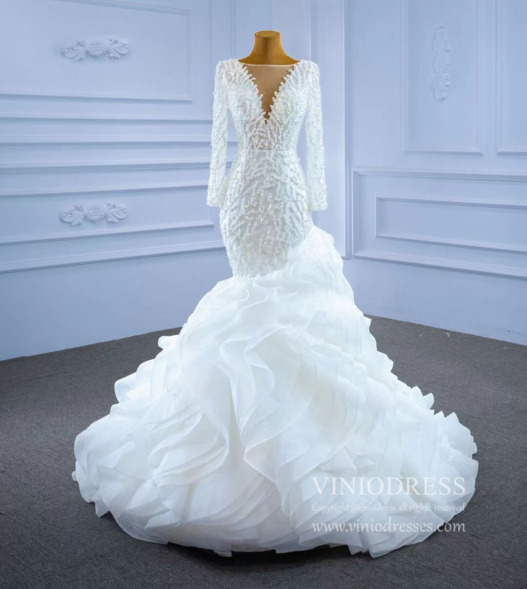 Long Sleeve Pearl Wedding Dresses Mermaid Long Sleeve Bridal Gown 67269-wedding dresses 2025 -Viniodress-As Picture-Custom Size-