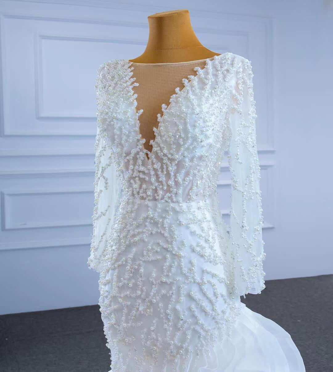Long Sleeve Pearl Wedding Dresses Mermaid Long Sleeve Bridal Gown 67269-wedding dresses 2025 -Viniodress-As Picture-Custom Size-