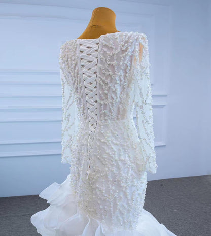 Long Sleeve Pearl Wedding Dresses Mermaid Long Sleeve Bridal Gown 67269-wedding dresses 2025 -Viniodress-As Picture-Custom Size-