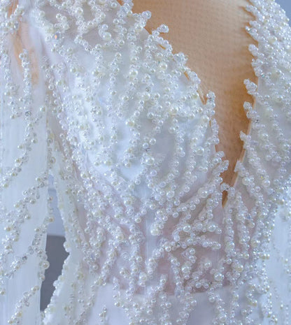 Long Sleeve Pearl Wedding Dresses Mermaid Long Sleeve Bridal Gown 67269-wedding dresses 2025 -Viniodress-As Picture-Custom Size-