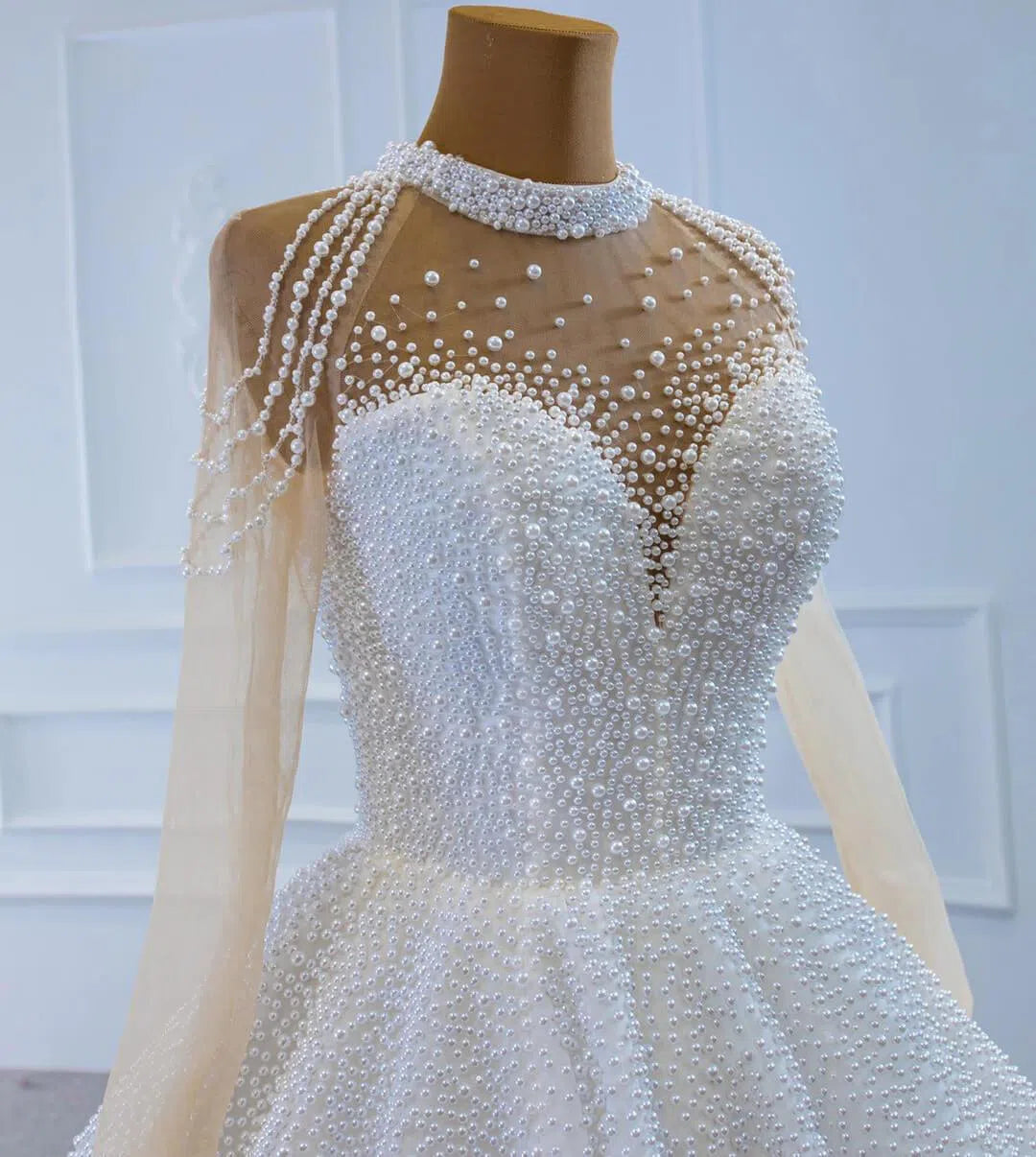 Long Sleeve Pearls Wedding Dresses Luxury Arabic Bridal Gown 67198-wedding dresses 2025 -Viniodress-Ivory-Custom Size-