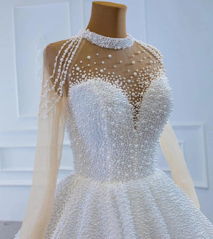 Long Sleeve Pearls Wedding Dresses Luxury Arabic Bridal Gown 67198-wedding dresses 2025 -Viniodress-Ivory-Custom Size-