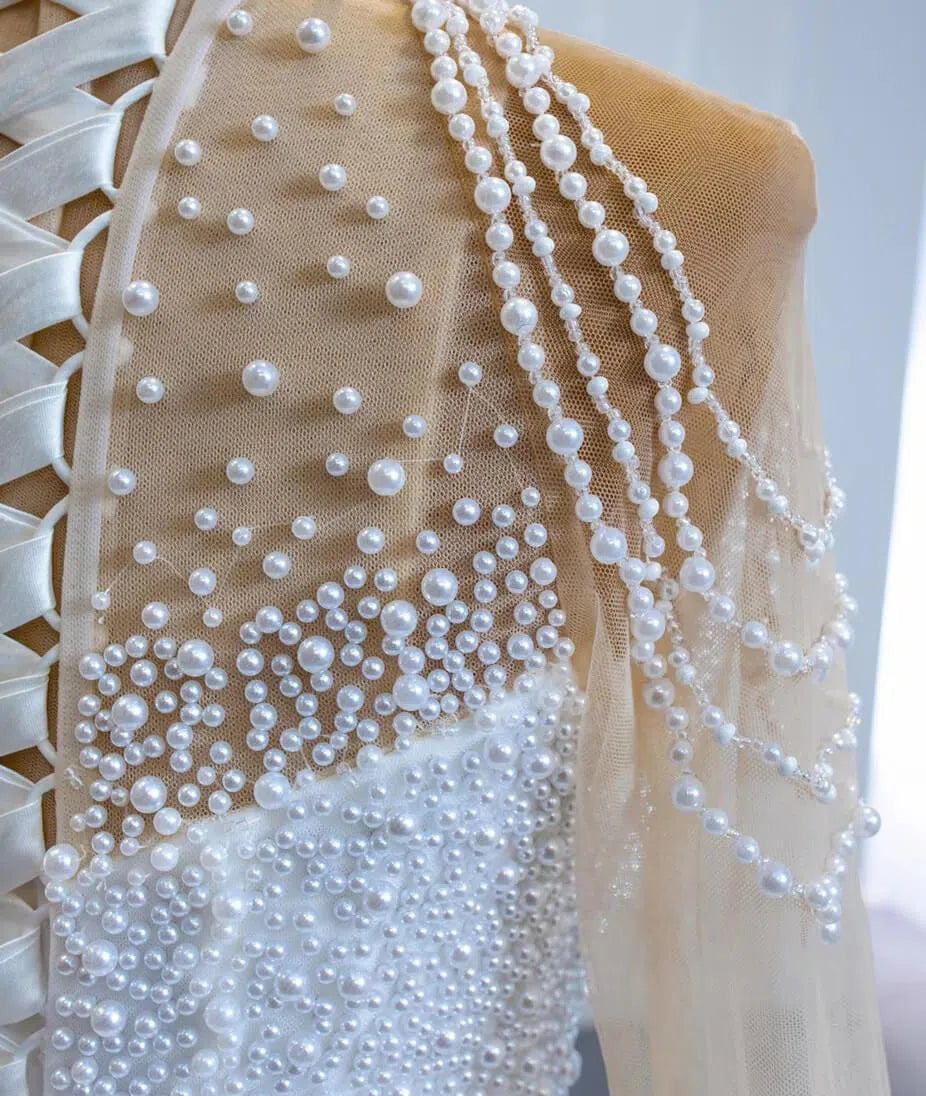 Long Sleeve Pearls Wedding Dresses Luxury Arabic Bridal Gown 67198-wedding dresses 2025 -Viniodress-Ivory-Custom Size-