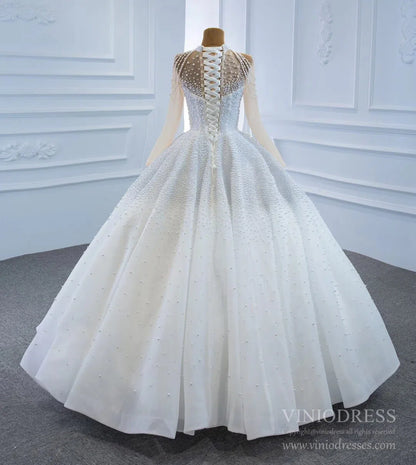 Long Sleeve Pearls Wedding Dresses Luxury Arabic Bridal Gown 67198-wedding dresses 2025 -Viniodress-Ivory-Custom Size-