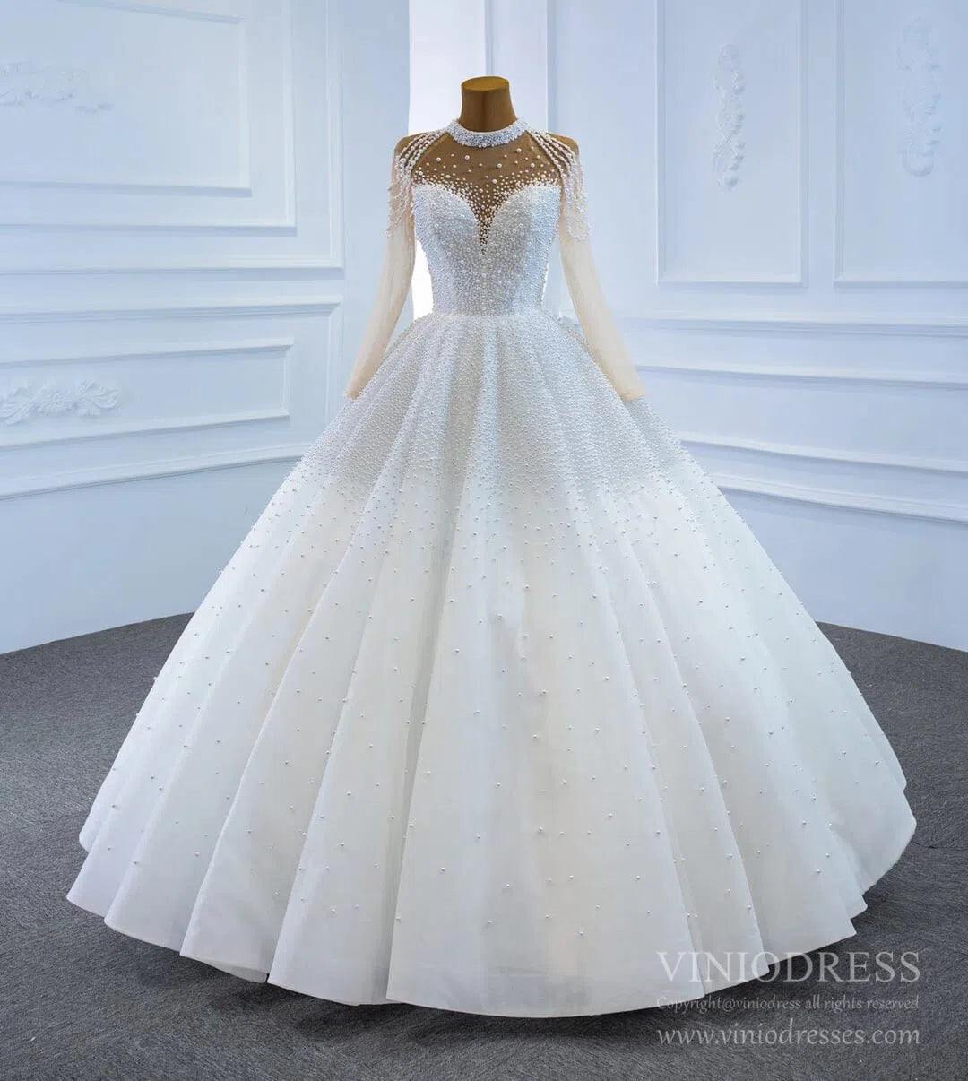 Long Sleeve Pearls Wedding Dresses Luxury Arabic Bridal Gown 67198-wedding dresses 2025 -Viniodress-Ivory-Custom Size-
