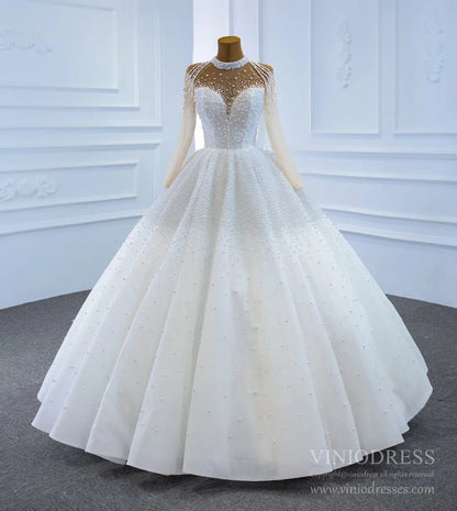 Long Sleeve Pearls Wedding Dresses Luxury Arabic Bridal Gown 67198-wedding dresses 2025 -Viniodress-Ivory-Custom Size-