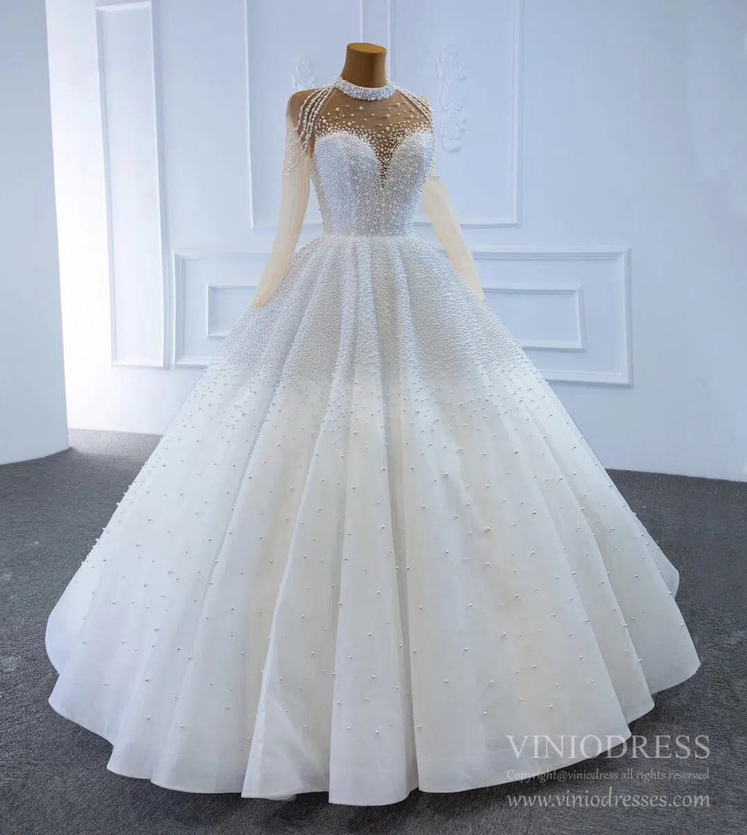 Long Sleeve Pearls Wedding Dresses Luxury Arabic Bridal Gown 67198-wedding dresses 2025 -Viniodress-Ivory-Custom Size-