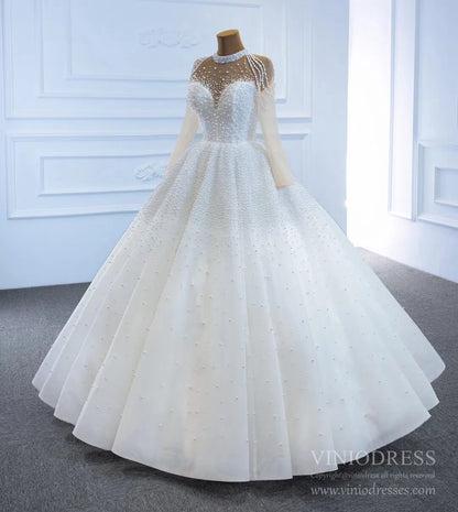Long Sleeve Pearls Wedding Dresses Luxury Arabic Bridal Gown 67198-wedding dresses 2025 -Viniodress-Ivory-Custom Size-