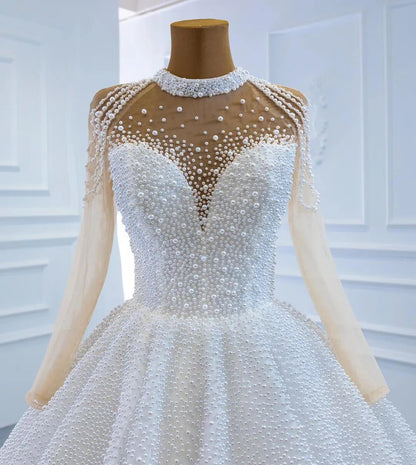 Long Sleeve Pearls Wedding Dresses Luxury Arabic Bridal Gown 67198-wedding dresses 2025 -Viniodress-Ivory-Custom Size-