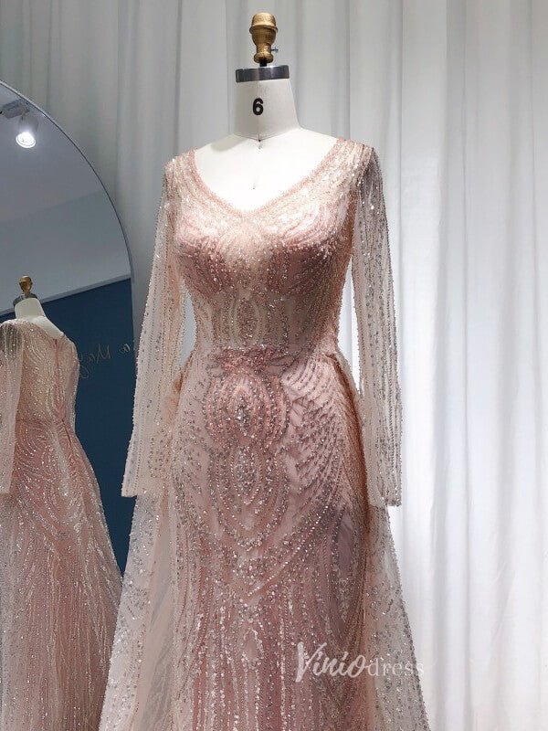 Long Sleeve Pink Beaded Lace Prom Dresses Overskirt Evening Dress 20089-Evening Dresses 2025 -Viniodress-Pink-US 2-