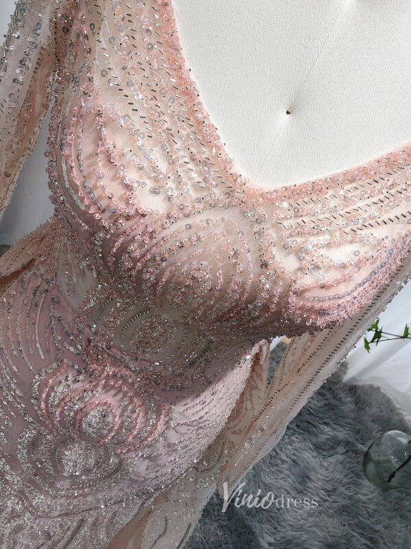 Long Sleeve Pink Beaded Lace Prom Dresses Overskirt Evening Dress 20089-Evening Dresses 2025 -Viniodress-Pink-US 2-