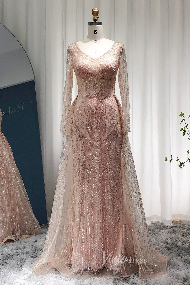 Long Sleeve Pink Beaded Lace Prom Dresses Overskirt Evening Dress 20089-Evening Dresses 2025 -Viniodress-Pink-US 2-