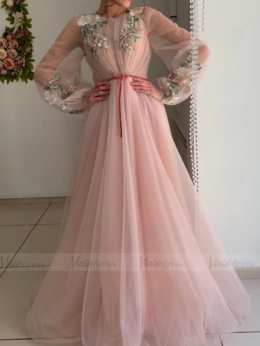 Long Sleeve Pink Prom Dresses Embroidered Engagement Party Dress FD1654-prom dresses-Viniodress-Viniodress