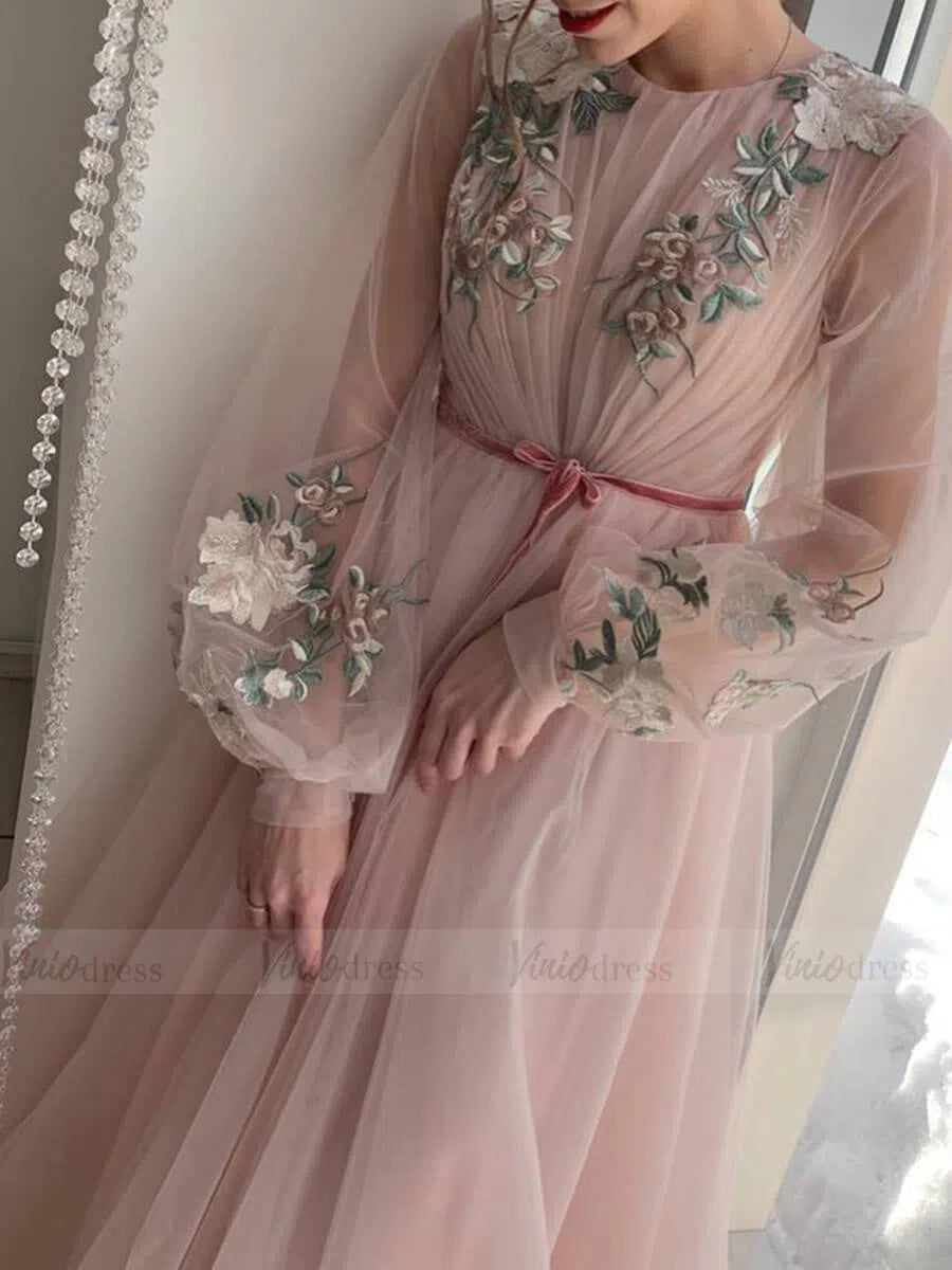 Long Sleeve Pink Prom Dresses Embroidered Engagement Party Dress FD1654-prom dresses-Viniodress-Viniodress