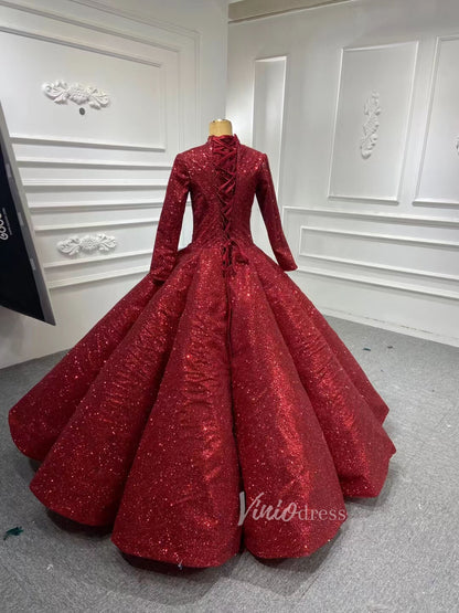 Long Sleeve Red Ball Gown Wedding Dress for Muslim Bride 66591 High Neck-Quinceanera Dresses 2025 -Viniodress-Red-Custom Size-