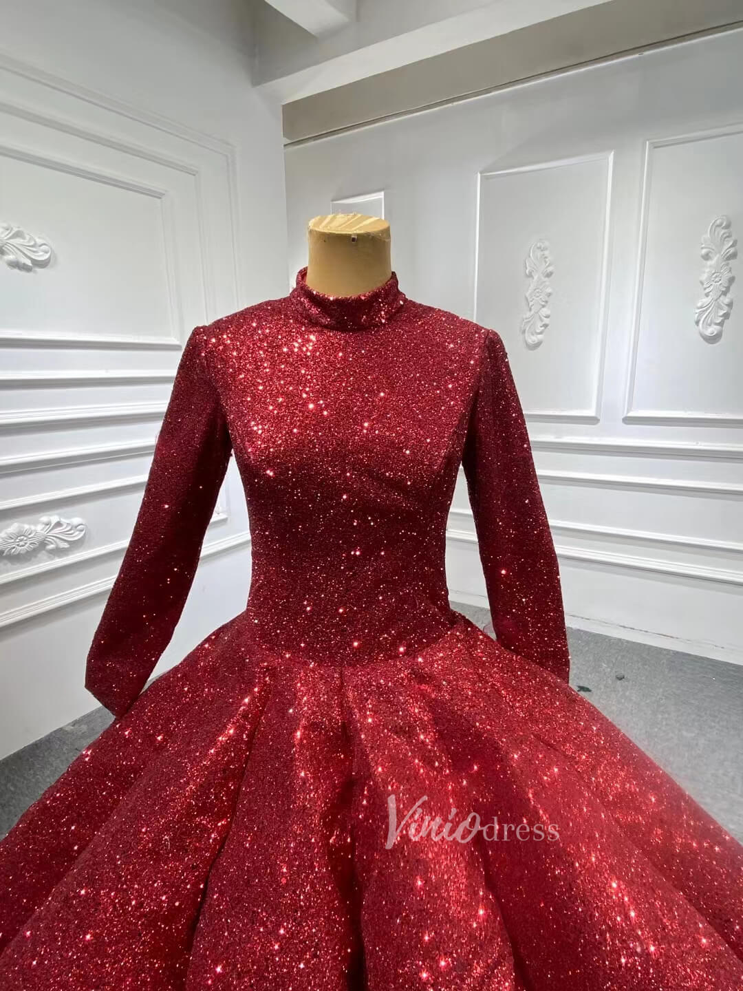 Long Sleeve Red Ball Gown Wedding Dress for Muslim Bride 66591 High Neck-Quinceanera Dresses 2025 -Viniodress-Red-Custom Size-