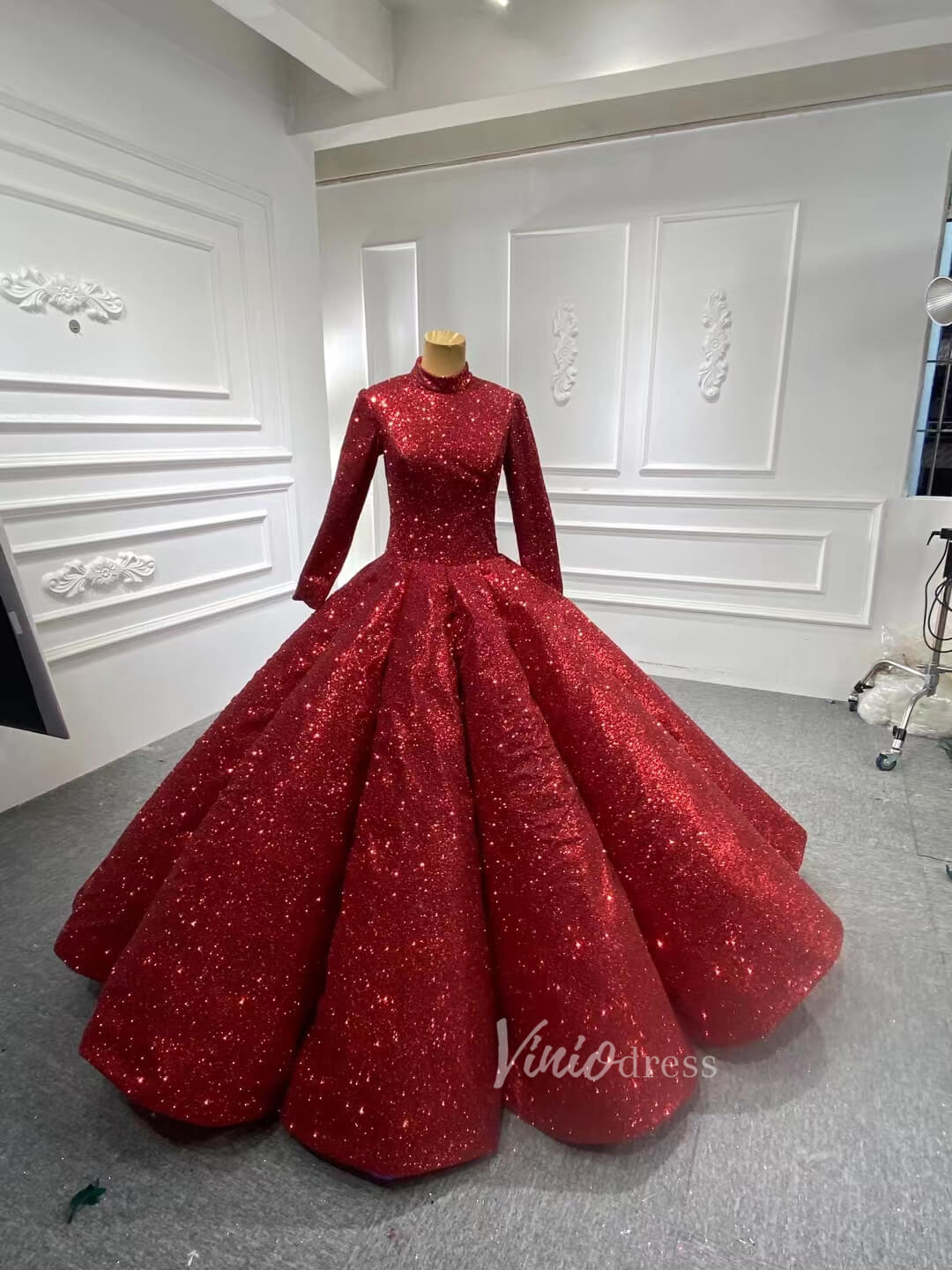 Long Sleeve Red Ball Gown Wedding Dress for Muslim Bride 66591 High Neck-Quinceanera Dresses 2025 -Viniodress-Red-Custom Size-