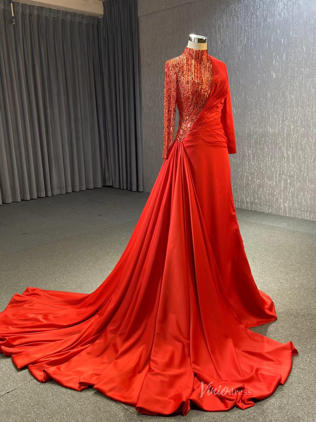 Long Sleeve Red Formal Dress Modest High Neck Overskirt Prom Gown 231066-prom dresses 2025 -Viniodress-Red-Custom Size-