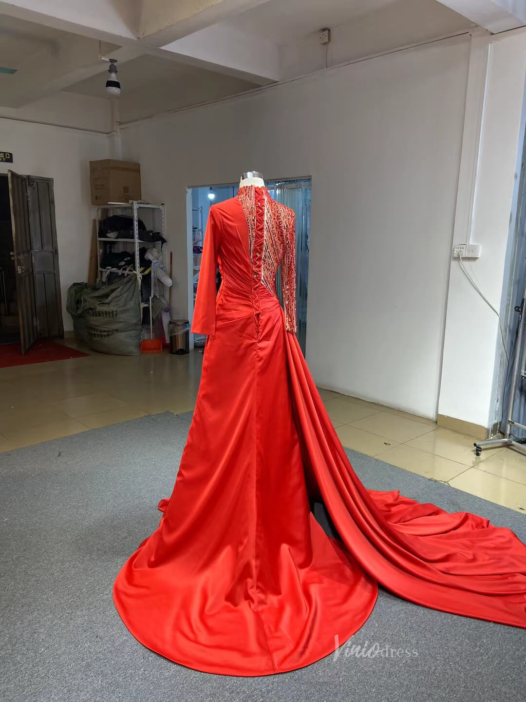 Long Sleeve Red Formal Dress Modest High Neck Overskirt Prom Gown 231066-prom dresses 2025 -Viniodress-Red-Custom Size-