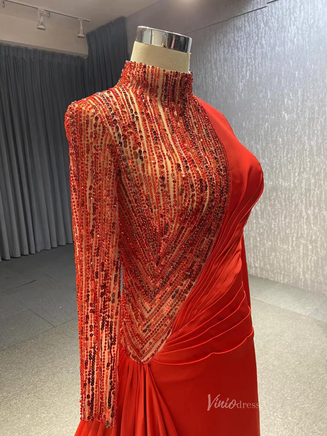 Long Sleeve Red Formal Dress Modest High Neck Overskirt Prom Gown 231066-prom dresses 2025 -Viniodress-Red-Custom Size-