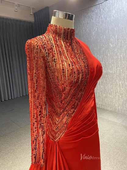 Long Sleeve Red Formal Dress Modest High Neck Overskirt Prom Gown 231066-prom dresses 2025 -Viniodress-Red-Custom Size-