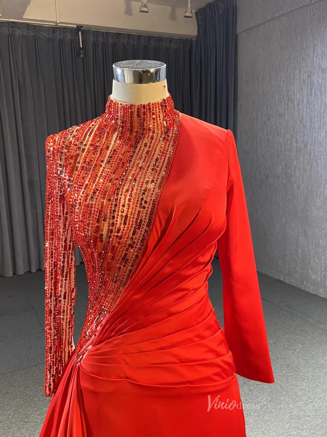 Long Sleeve Red Formal Dress Modest High Neck Overskirt Prom Gown 231066-prom dresses 2025 -Viniodress-Red-Custom Size-